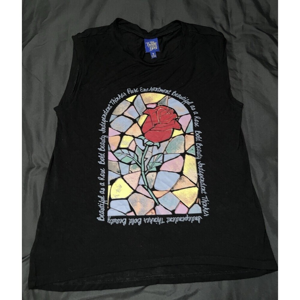 Disney Beauty and the Beast Tank Women Small Black Stained Glass Rose